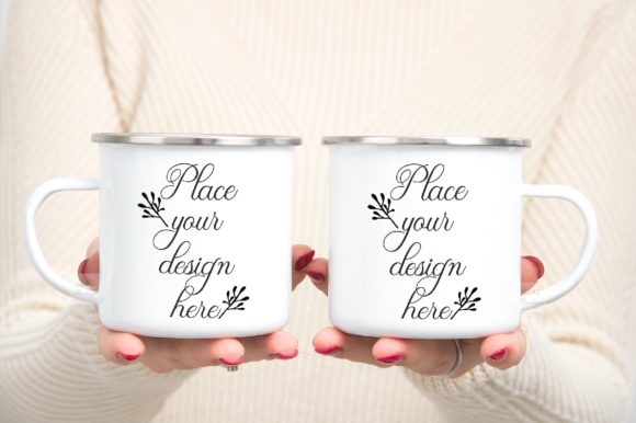 Two Enamel Mock Up Campfire Mug Woman Mugs Amp